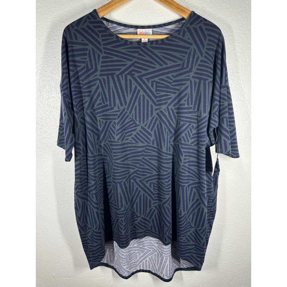 LuLaRoe Tunic Top Womens M Navy Irma High Low Geometric Print Short Sleeve Shirt